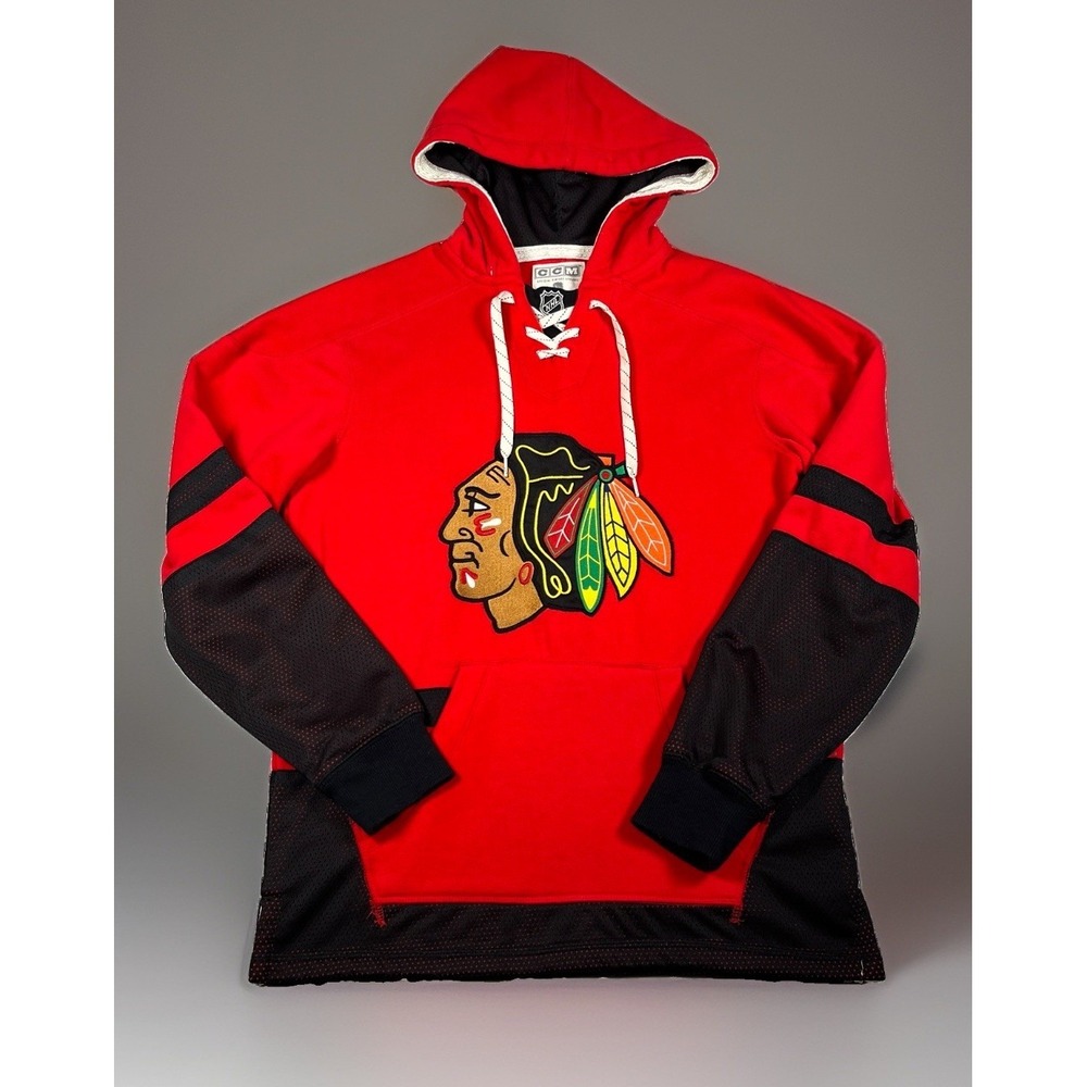 CCM Official Vintage NHL Chicago Blackhawks Lace Up Hoodie Sweatshirt Mens Small